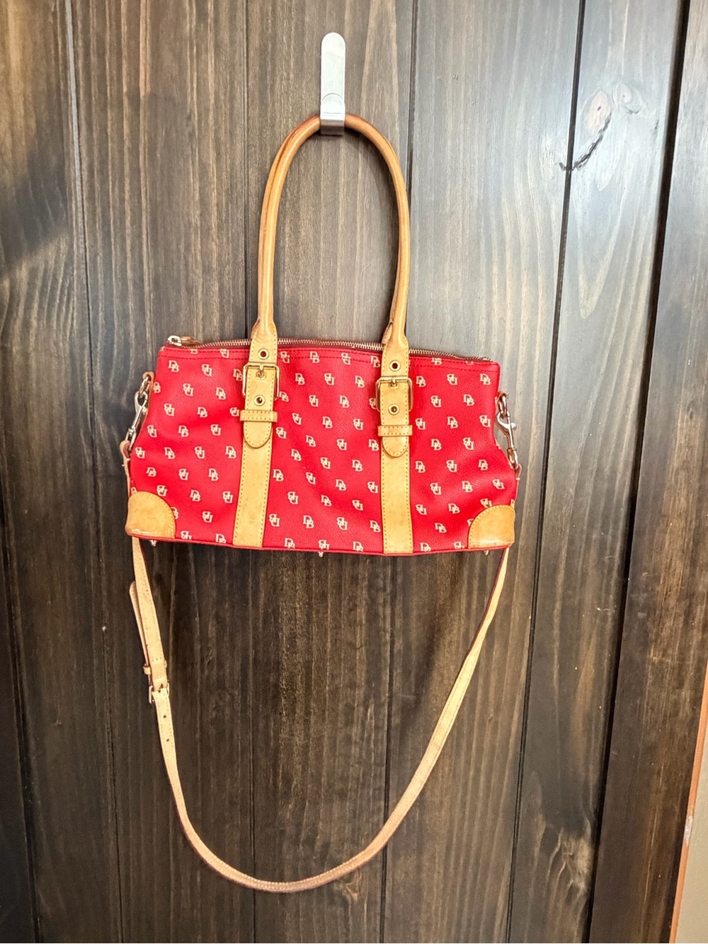 Dooney & Bourke Red Logo Canvas Shoulder Bag w/ Tan Leather Trim crossbody strap - Picture 5 of 13